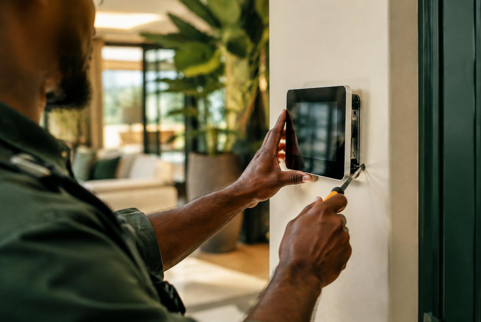 Pose d'un écran de contrôle domotique sur un chantier